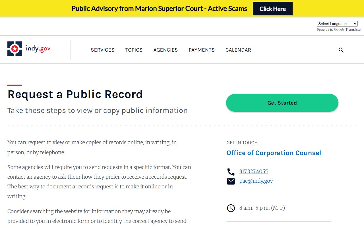 Indy.gov public record request page for Marion County arrest records