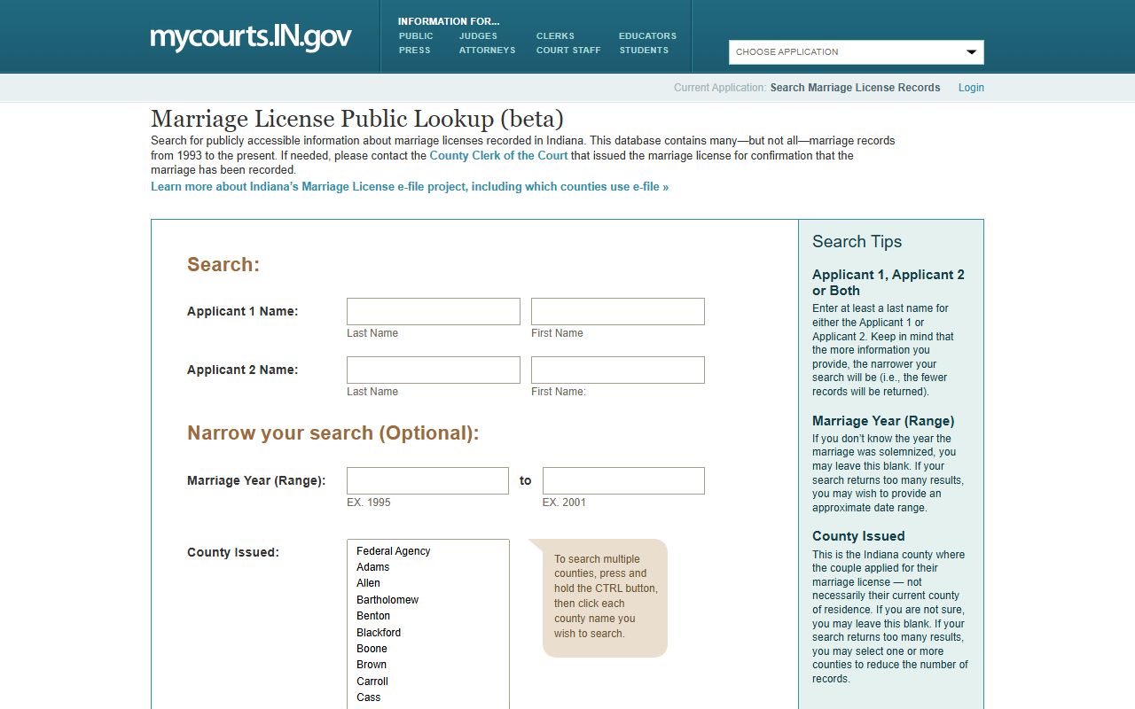 Indiana Courts marriage license public lookup for Marion County records