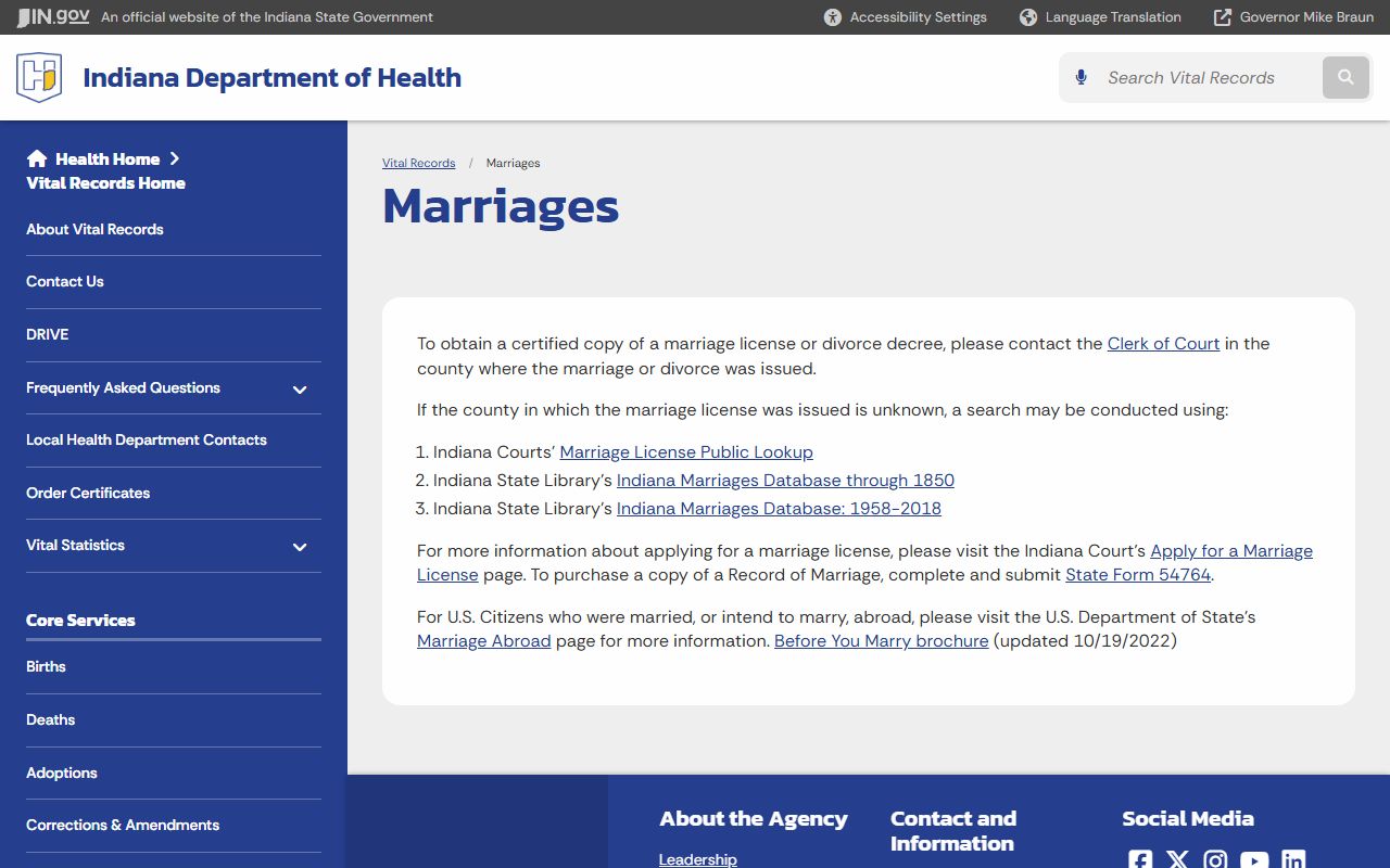 Indiana Department of Health marriage records guidance for Marion County
