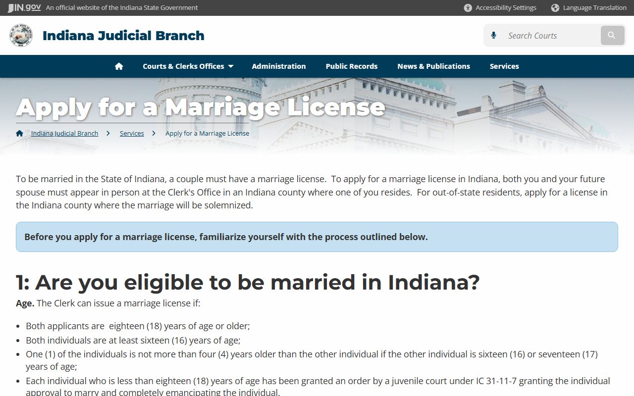 Indiana marriage license application page for Marion County couples