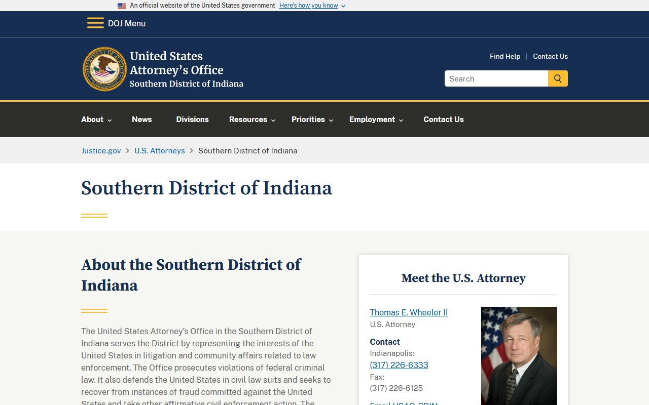 U.S. Attorney Southern District of Indiana for federal warrants near Marion County
