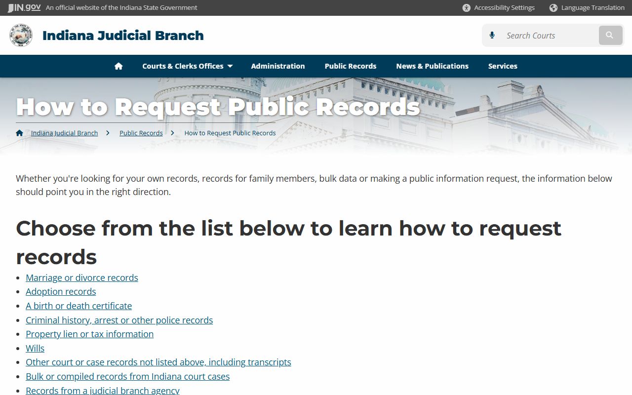 Indiana guidance for requesting Marion County court records