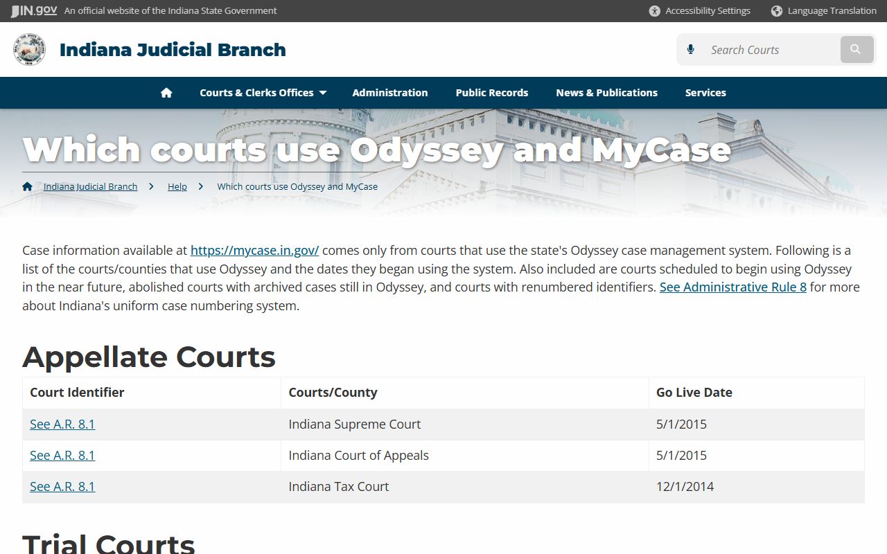 Indiana Odyssey court list that feeds Marion County dockets online